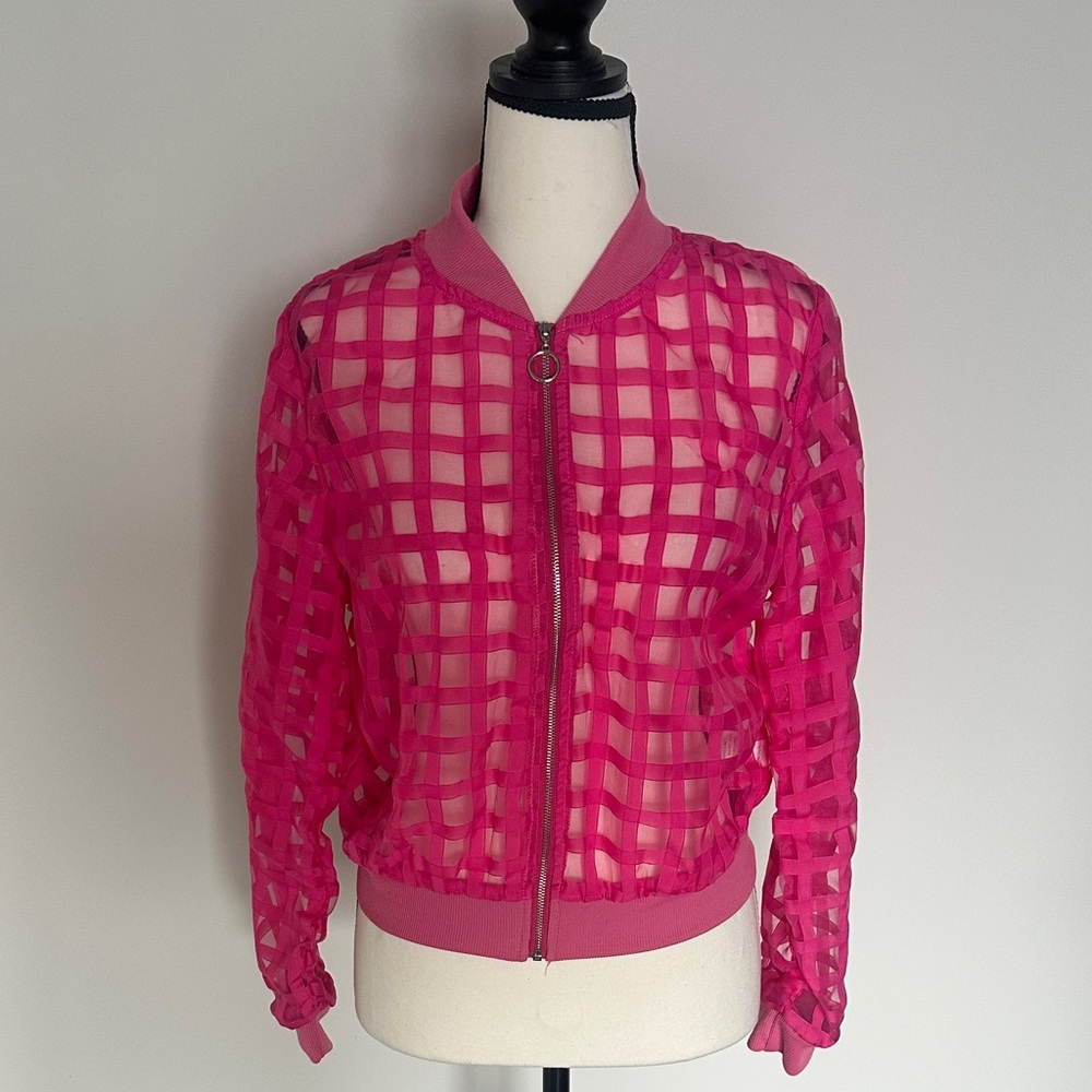 Women's Hot Pink Sheer Grid Bomber Jacket